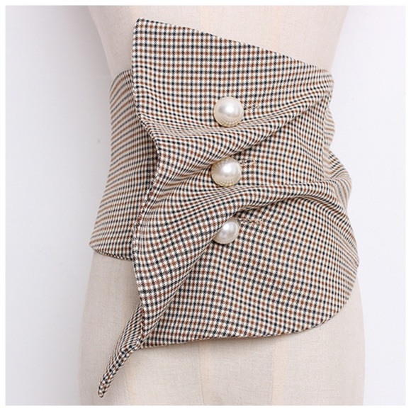 Accessories - Wide Plaid Pearl Asymmetrical Button Belt